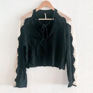 Free People Black Crop Top with Cream Lace Sleeves